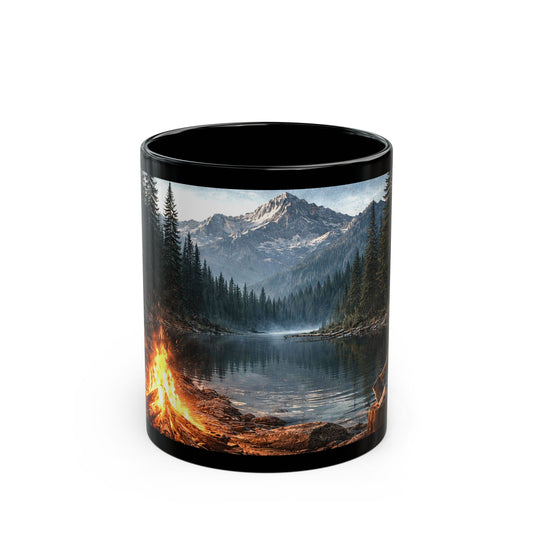 Campfire at Mountain Lake Ceramic Mug — Scenic Outdoors Coffee Cup (11oz, 15oz)