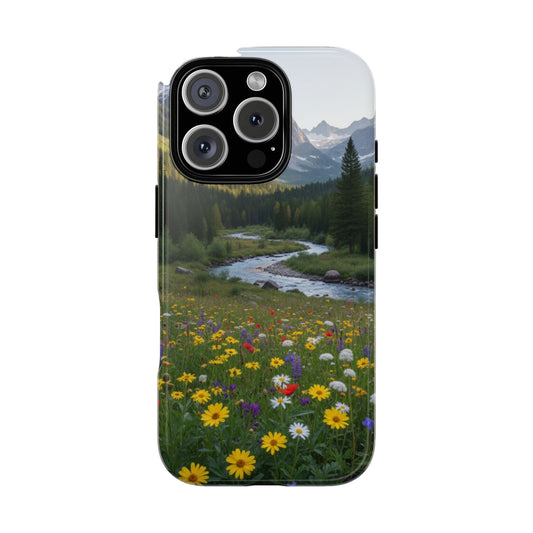 Phone case with a design of a mountain landscape and field of flowers on a white background