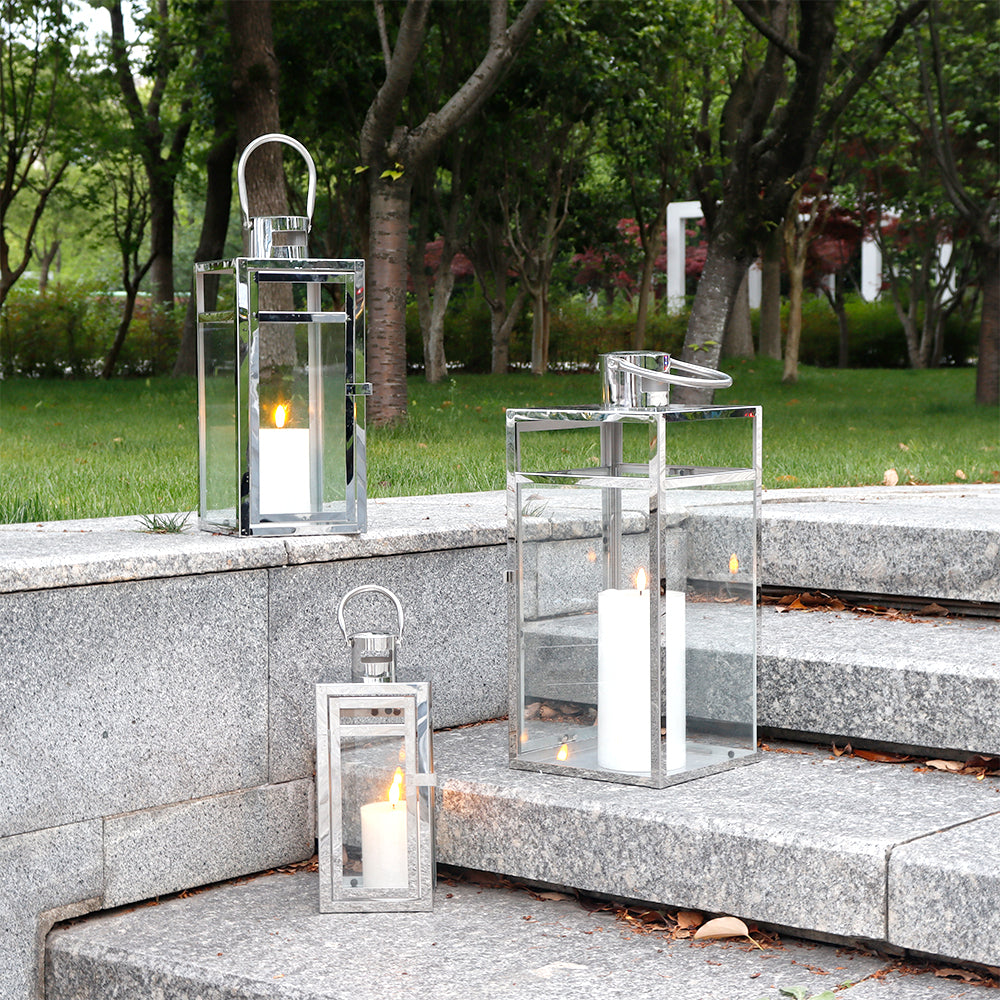 19''&15''&12'' H Stainless Steel Metal Candle Lantern Candle Holder with Clear Glass Panels(Set of 3)