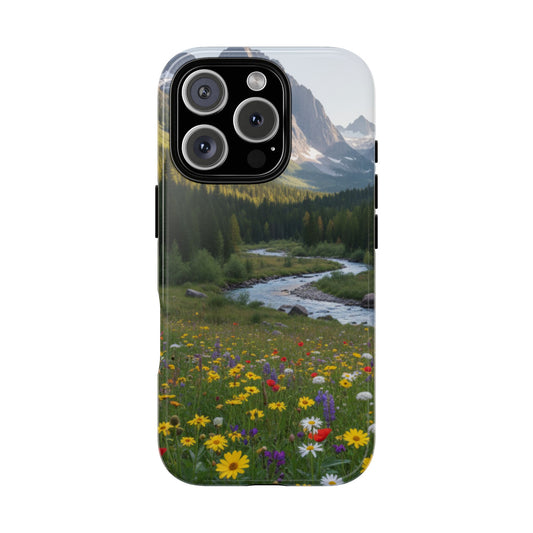 Mountain Meadow Phone Case — Vibrant Wildflowers, Stream & Mountain Design