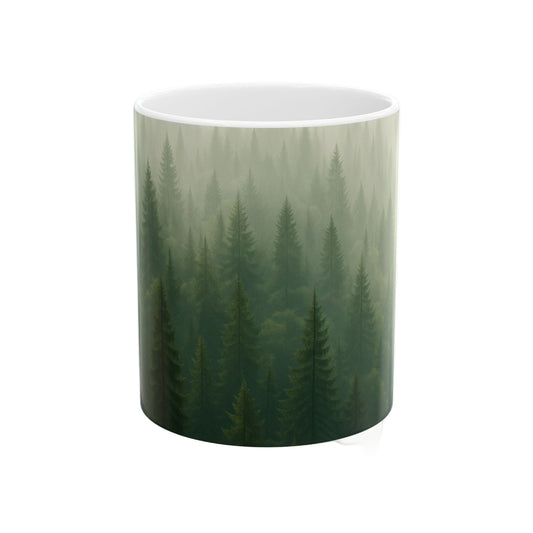 Cylindrical container with a forest design on a white background