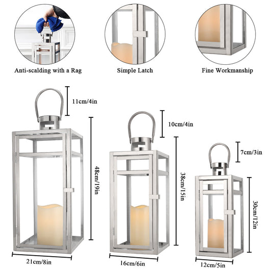 19''&15''&12'' H Stainless Steel Metal Candle Lantern Candle Holder with Clear Glass Panels(Set of 3)