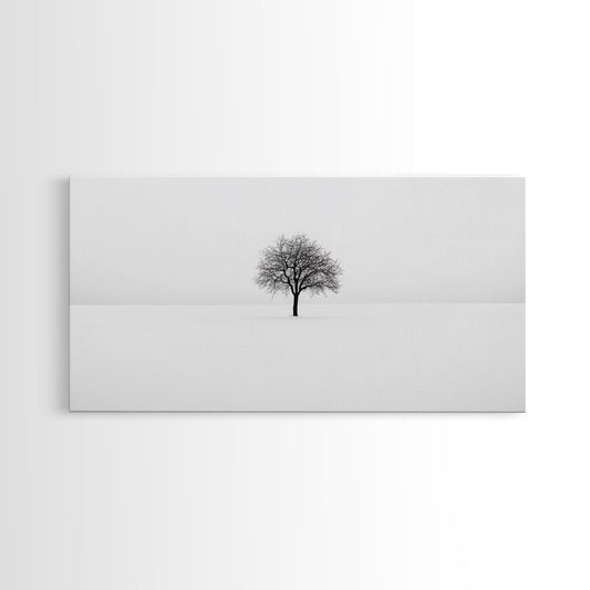 Footprints in the Snow Leading to a Lone Tree | Black & White Framed Canvas Print