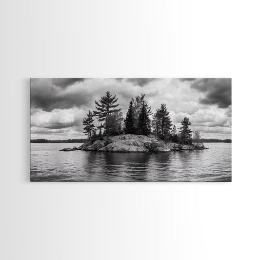 Lake Island & Pine Trees | Black & White Framed Canvas Print