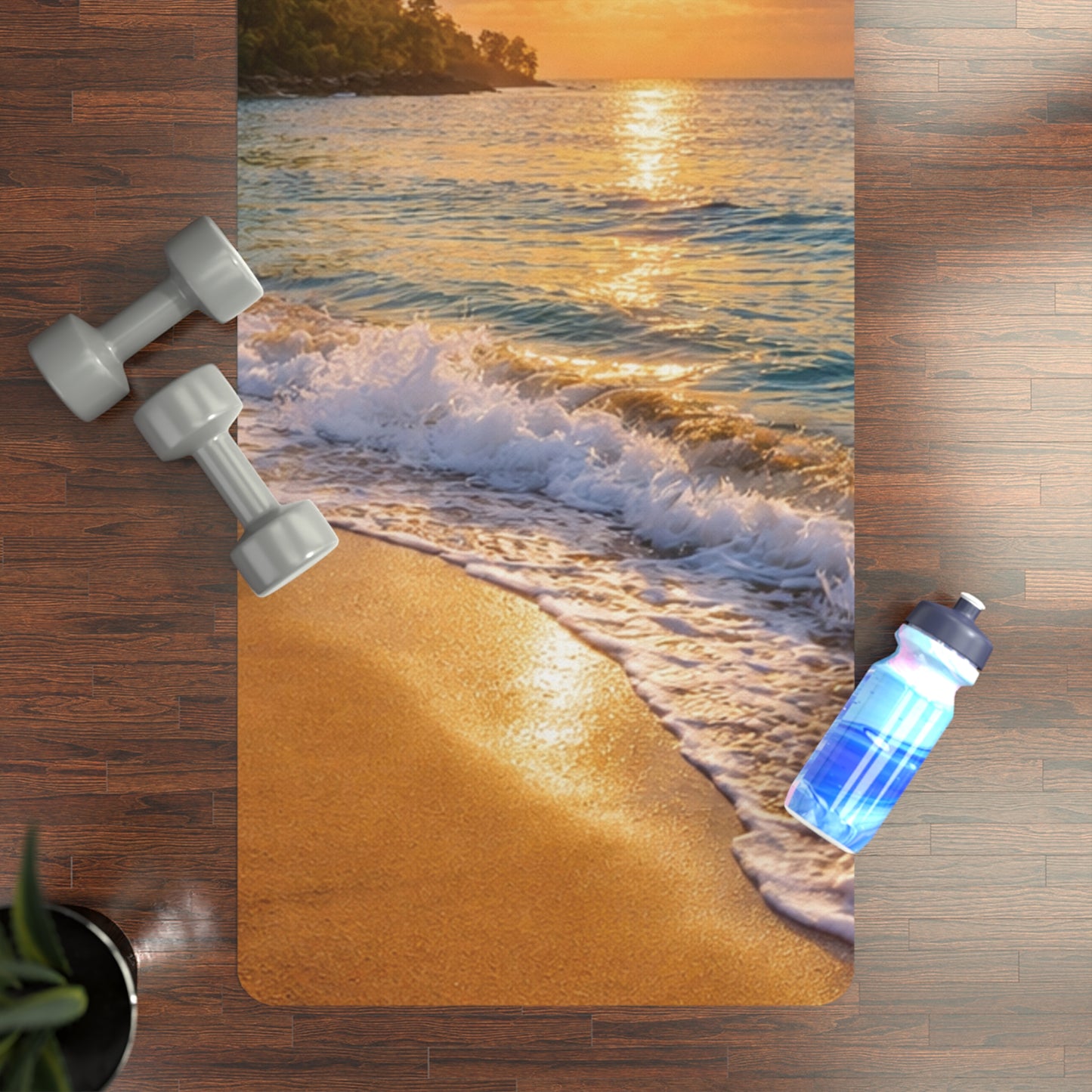 Sunset Beach Waves Rubber Yoga Mat | Seaside Sunrise, Ocean Scene Meditation Mat