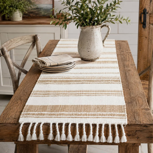 Cotton Jute Table Runner with Tassel Fringe 14 x 72 Inch
