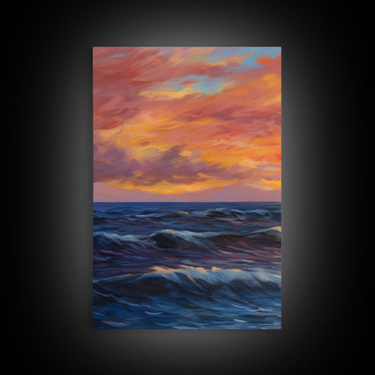 3 Panel Watercolor Blue Beach and Ocean Waves | Framed Canvas Print