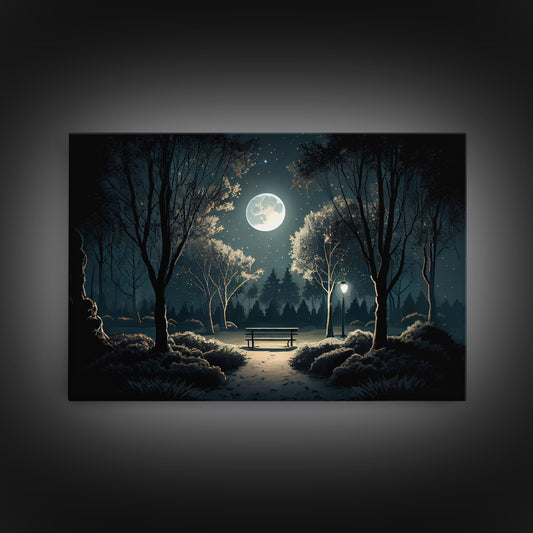 Snow Covered Park at Midnight | Framed Canvas Print