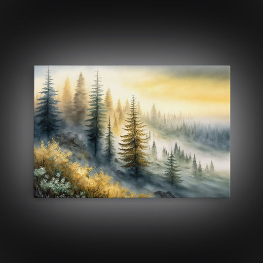 Watercolor Foggy Pine Forest | Framed Canvas Print