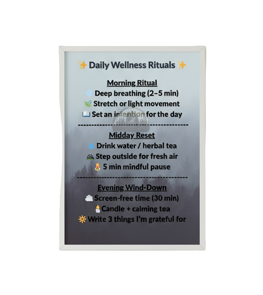 Framed poster with 'Daily Wellness Rituals' list on a gray background
