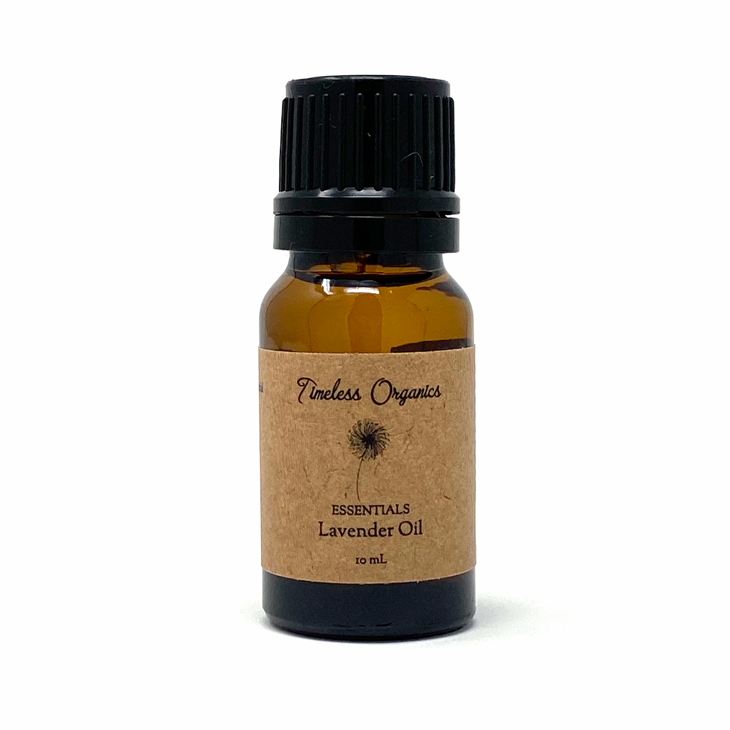 Bottle of Timeless Organics lavender oil on a white background