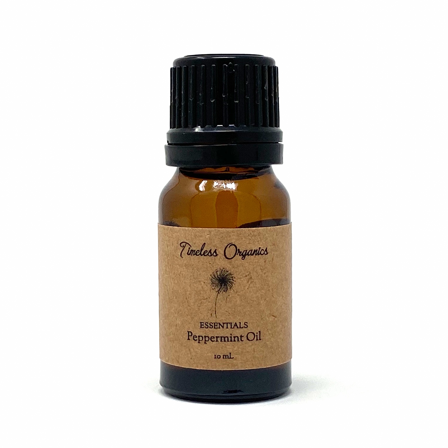 Bottle of Timeless Organics peppermint oil on a white background