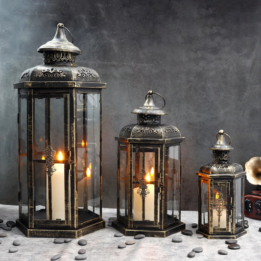 Set of 3-20.5''&14"&10"H Candle Lanterns(Black with Gold Brush)