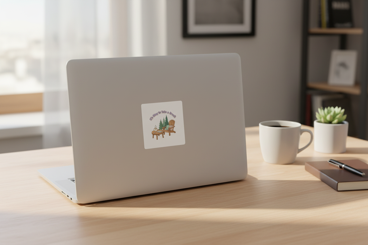 Sticker on laptop in workspace