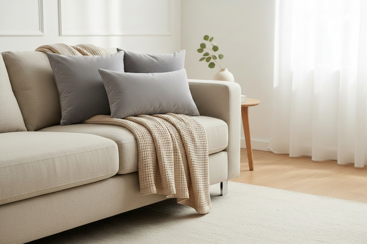 Waffle Weave Blanket with Gray Pillows Mockup