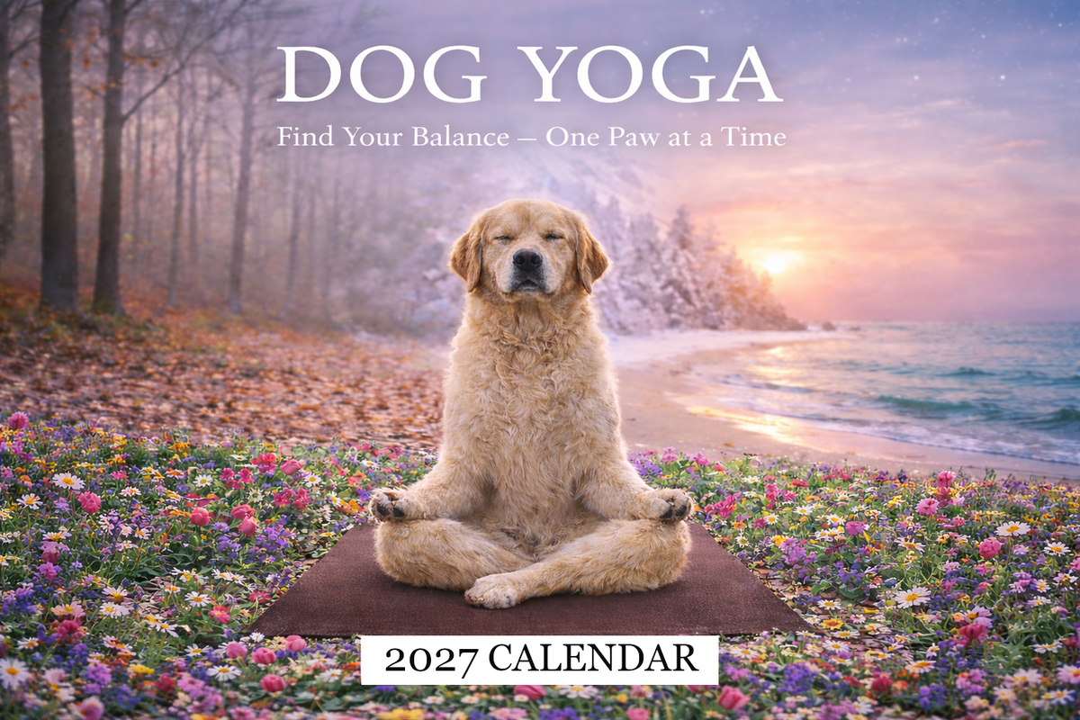 2027 Dog Yoga calendar cover featuring a golden retriever meditating on a mat in a scenic coastal landscape with flowers, trees, and a sunset. Large text reads 'DOG YOGA' and '2027 CALENDAR'.