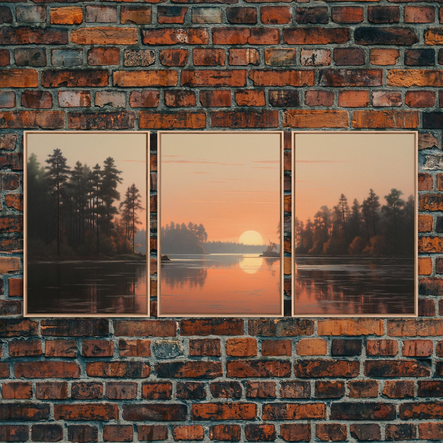 3 Panel Sunset Over the Lake | Framed Canvas Print