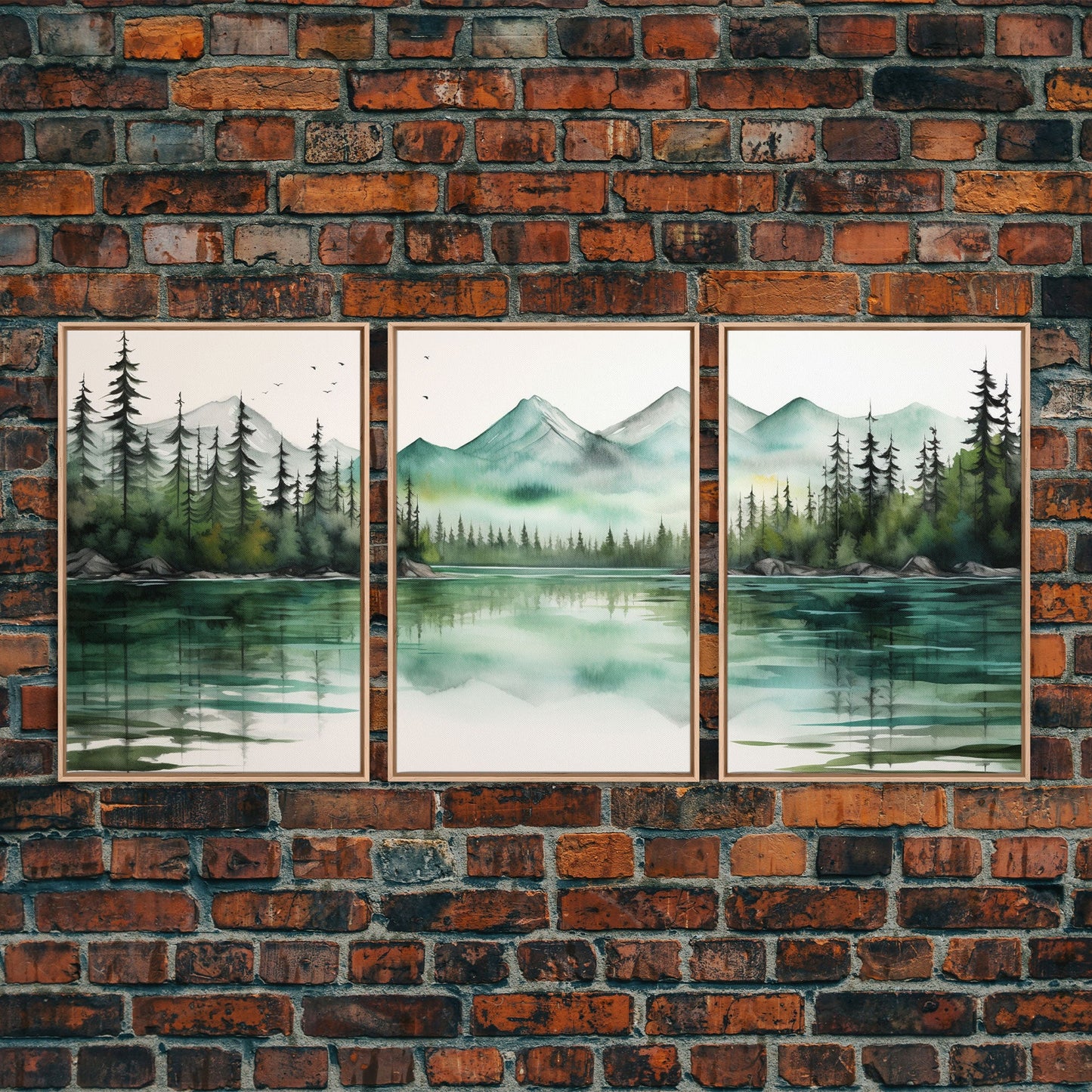 3 Panel Watercolor Emerald Green Mountain Forest Lake | Framed Canvas Print