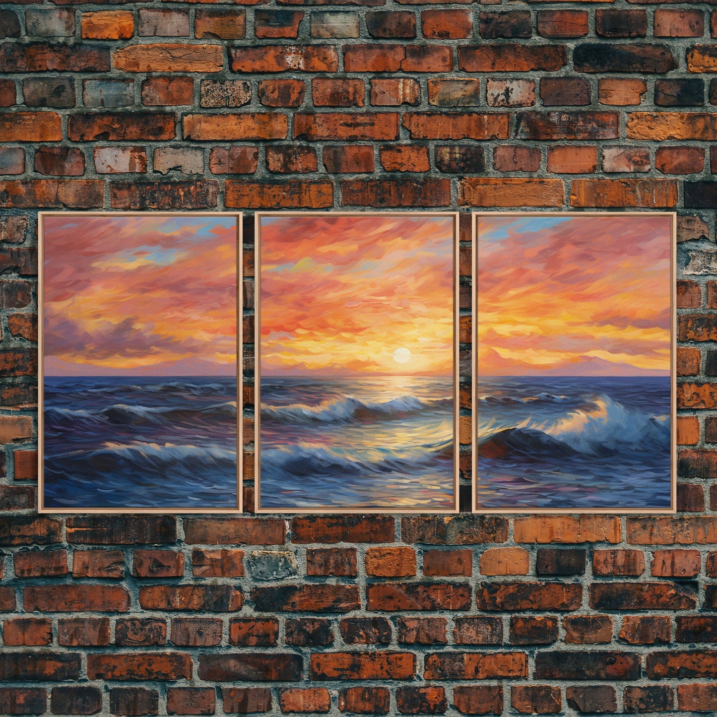 3 Panel Watercolor Blue Beach and Ocean Waves | Framed Canvas Print