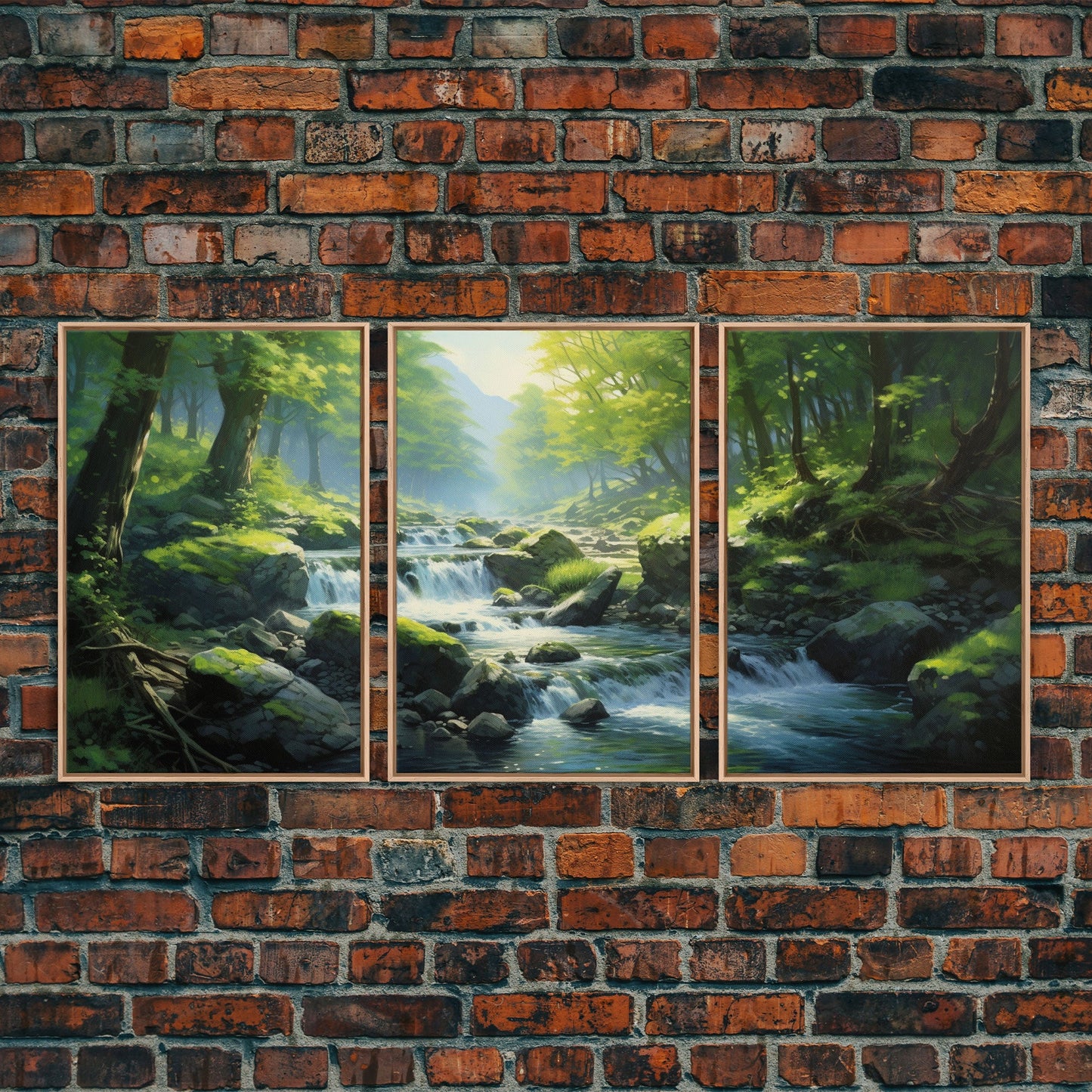 3 Panel Waterfall Forest | Framed Canvas Print