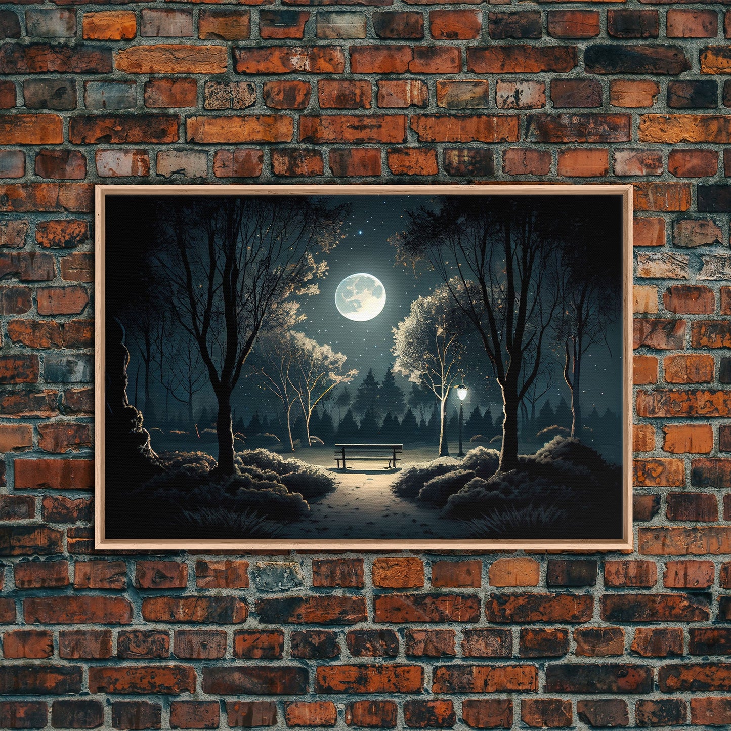 Snow Covered Park at Midnight | Framed Canvas Print