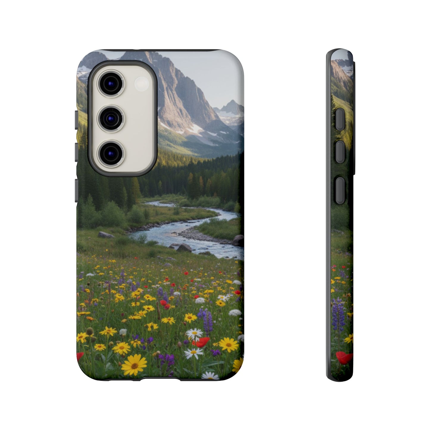 Mountain Meadow Phone Case — Vibrant Wildflowers, Stream & Mountain Design