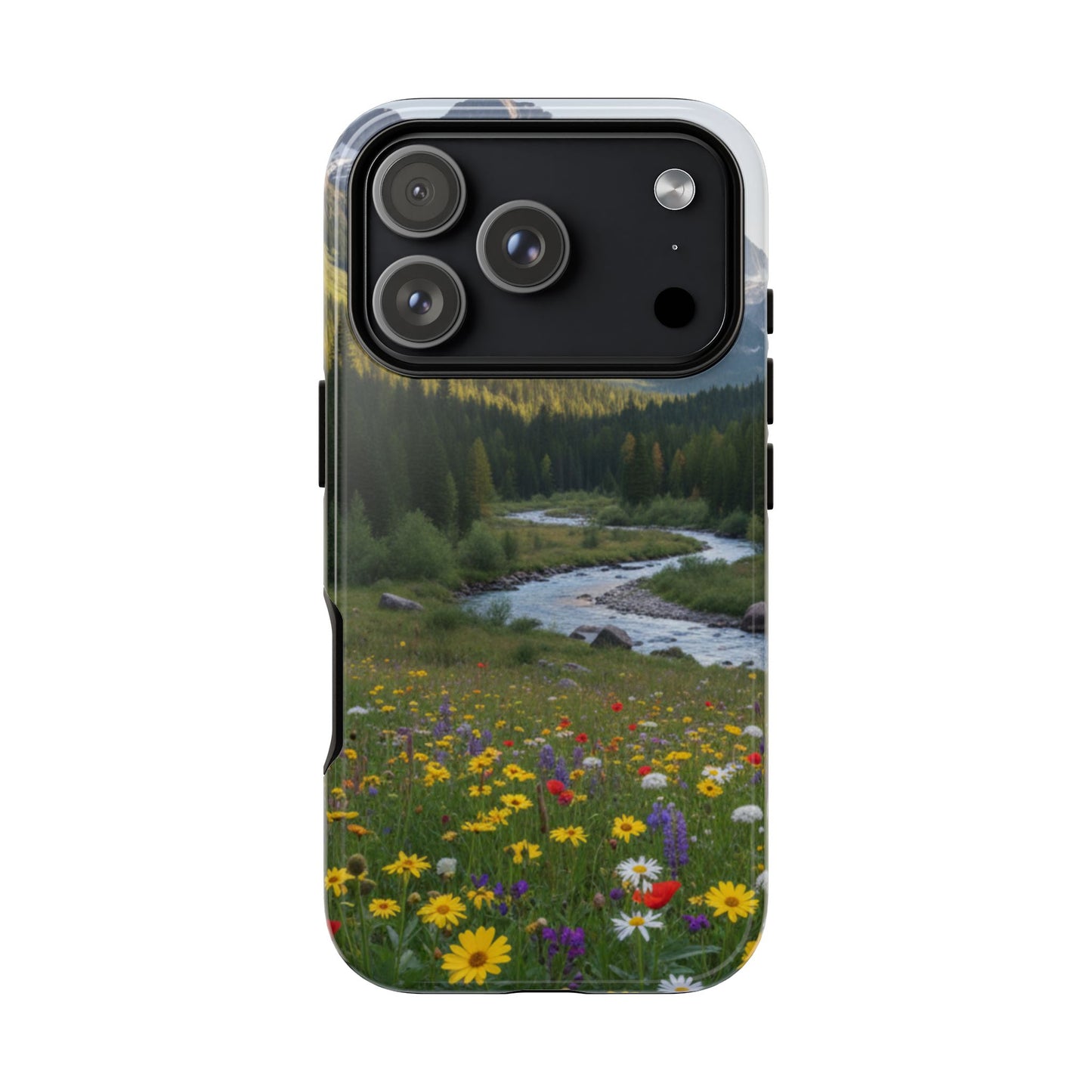 Mountain Meadow Phone Case — Vibrant Wildflowers, Stream & Mountain Design