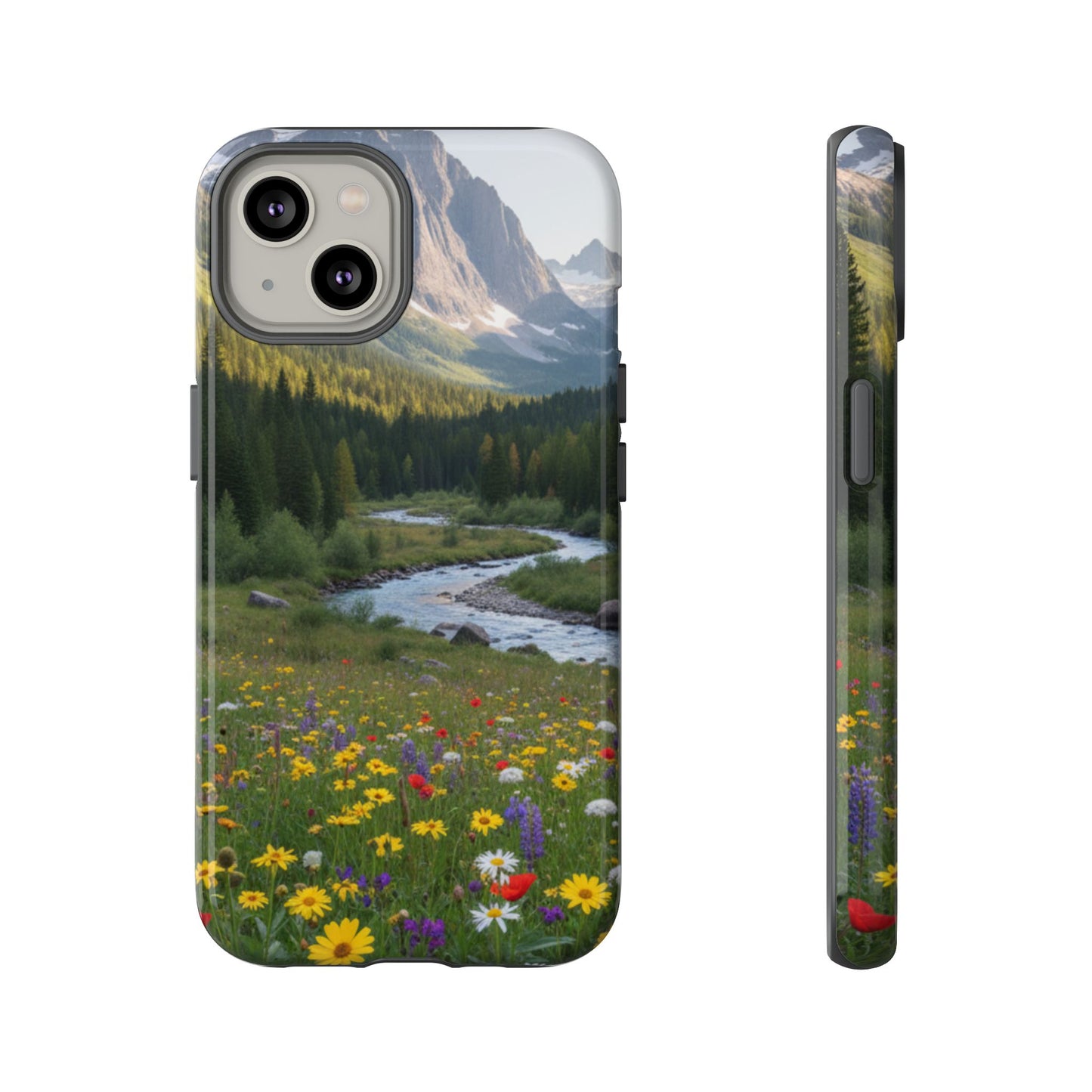 Mountain Meadow Phone Case — Vibrant Wildflowers, Stream & Mountain Design