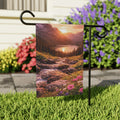 Sunset Mountain Lake with Wildflowers garden flag with nature-inspired artwork