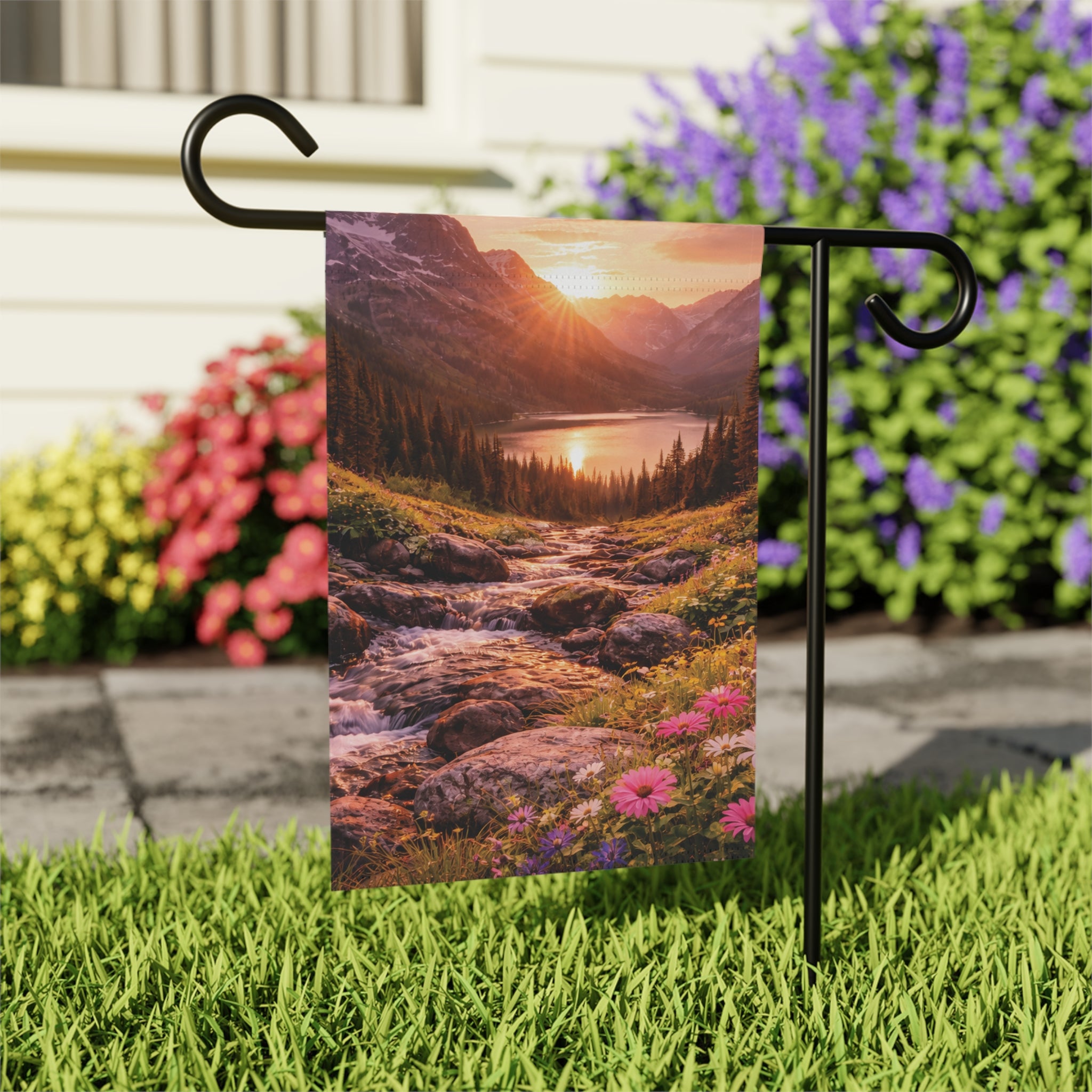 Sunset Mountain Lake with Wildflowers garden flag with nature-inspired artwork