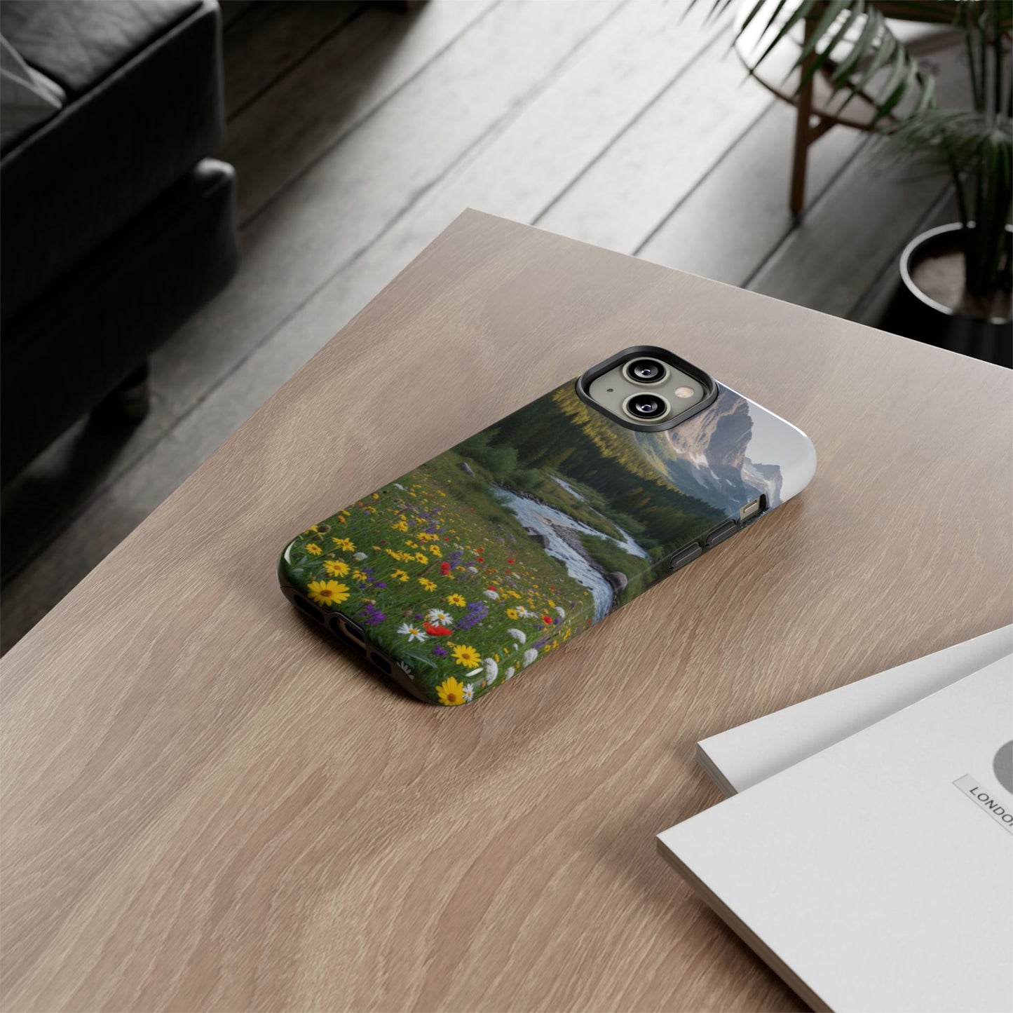 Mountain Meadow Phone Case — Vibrant Wildflowers, Stream & Mountain Design