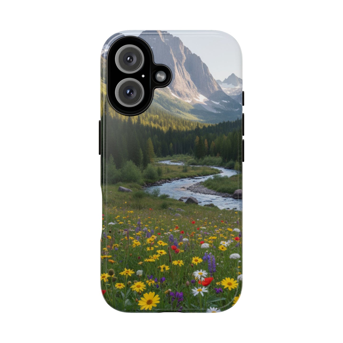 Mountain Meadow Phone Case — Vibrant Wildflowers, Stream & Mountain Design