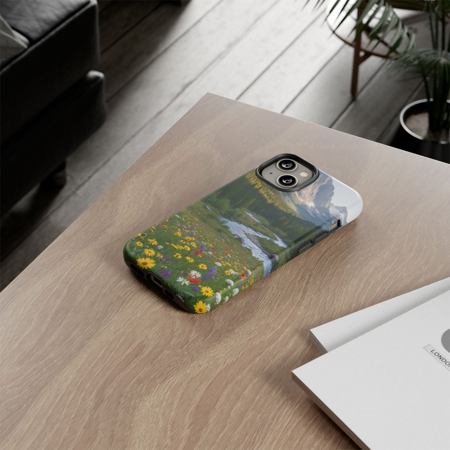 Mountain Meadow Phone Case — Vibrant Wildflowers, Stream & Mountain Design
