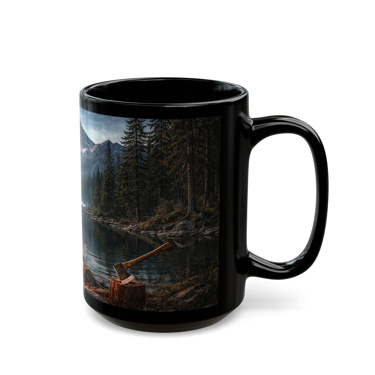 Campfire at Mountain Lake Ceramic Mug — Scenic Outdoors Coffee Cup (11oz, 15oz)