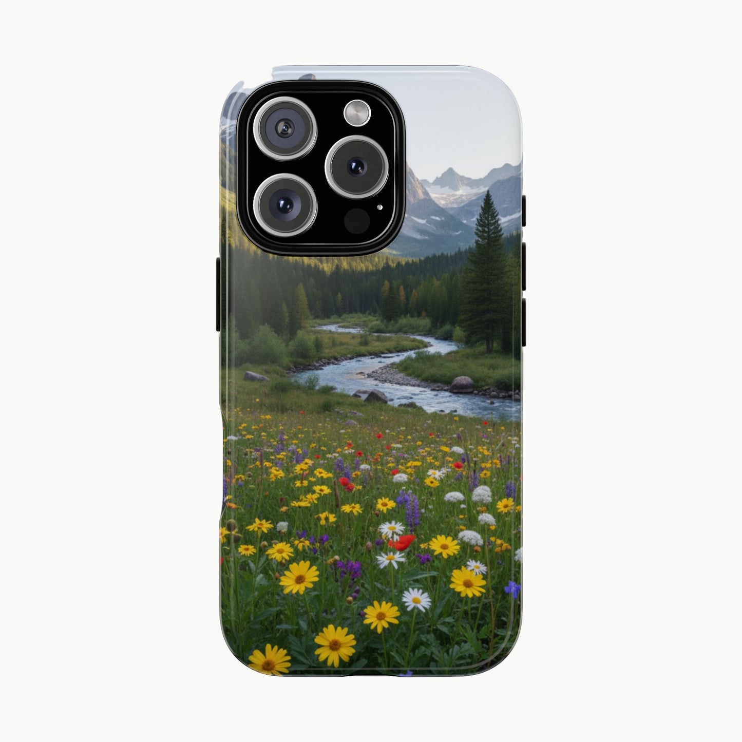 Phone case with a design of a mountain landscape and field of flowers on a white background