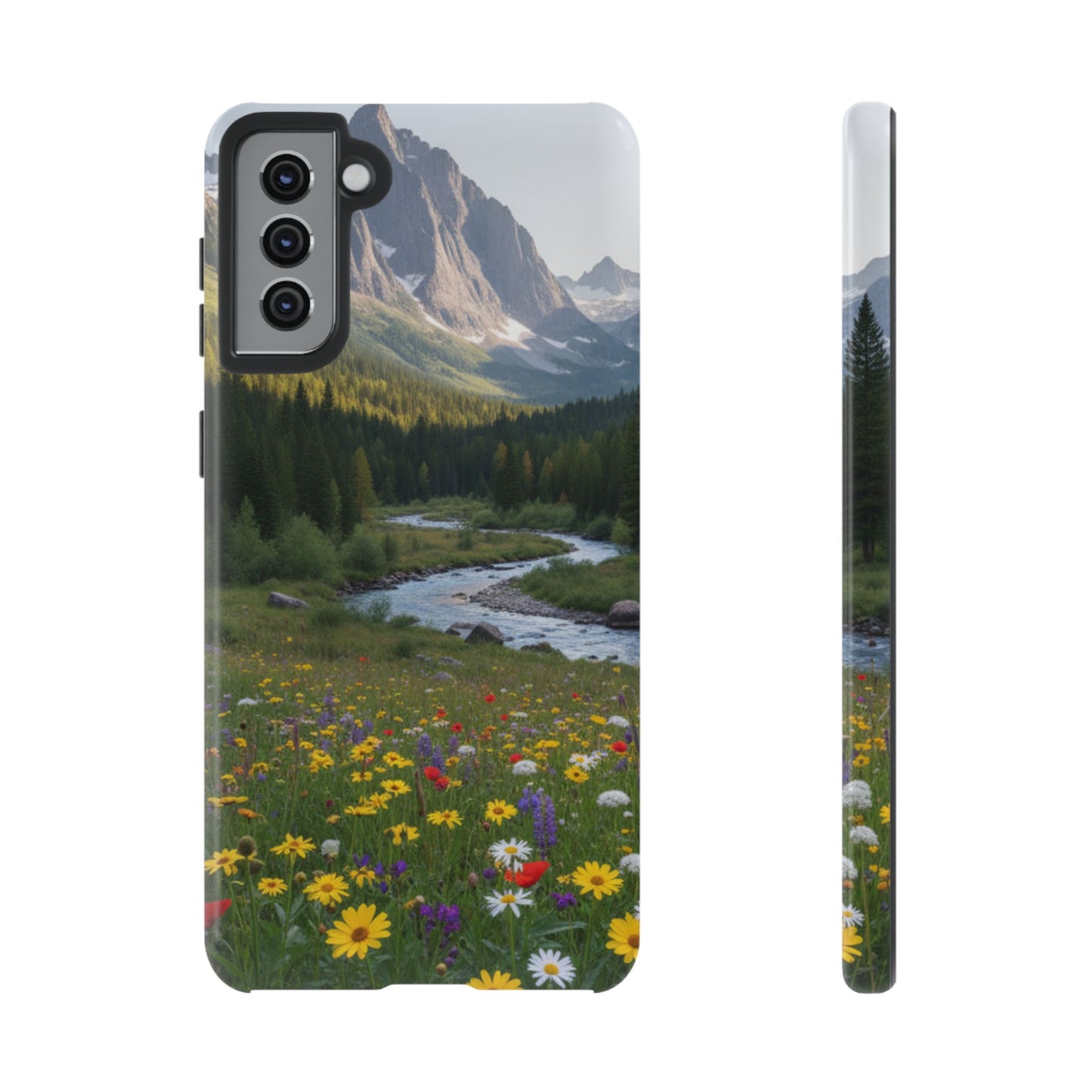 Mountain Meadow Phone Case — Vibrant Wildflowers, Stream & Mountain Design