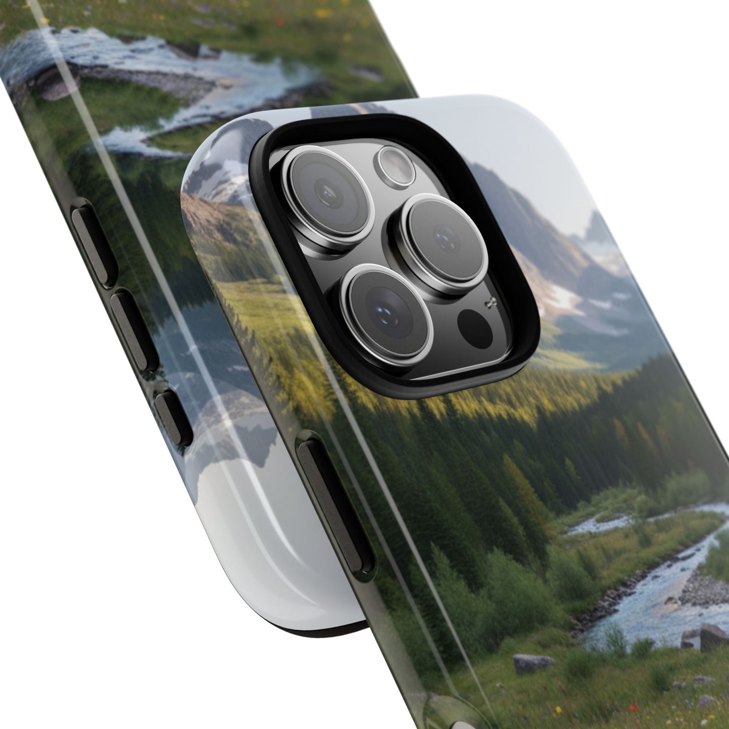 Mountain Meadow Phone Case — Vibrant Wildflowers, Stream & Mountain Design