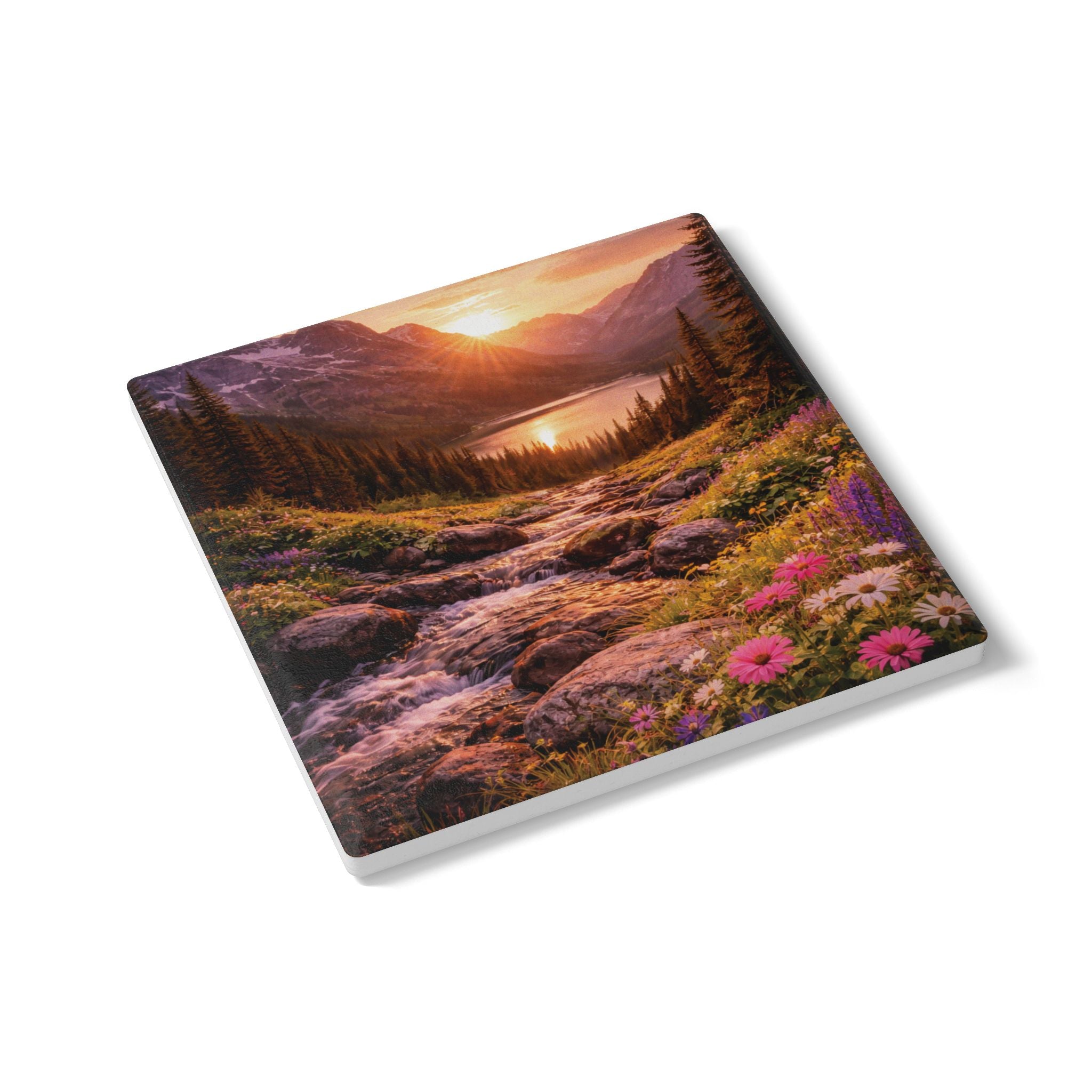 Sunset Mountain Valley Floral Scene Ceramic Coaster | Lake Landscape Drink Mat