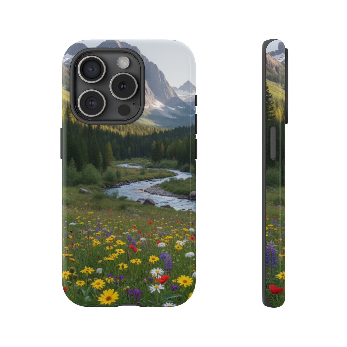 Mountain Meadow Phone Case — Vibrant Wildflowers, Stream & Mountain Design