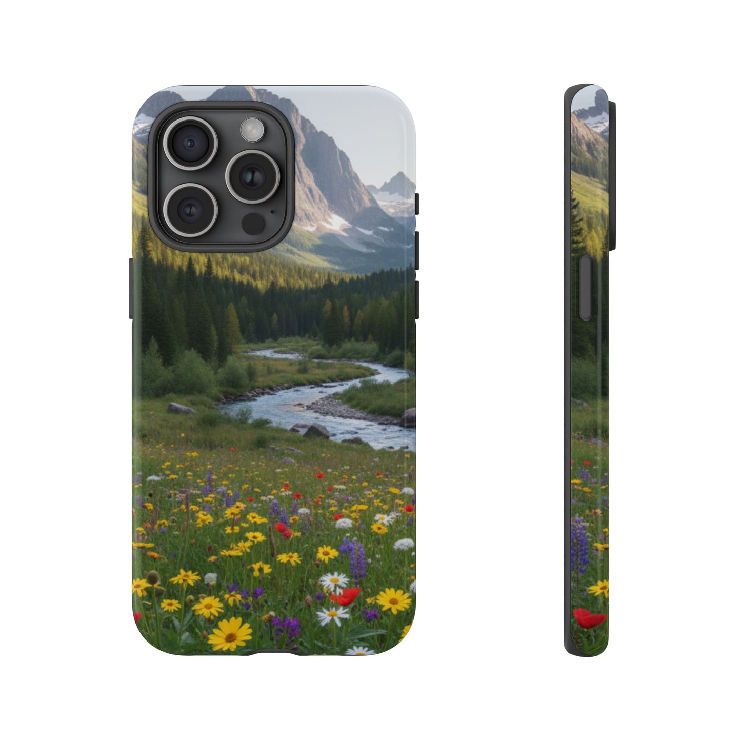 Mountain Meadow Phone Case — Vibrant Wildflowers, Stream & Mountain Design
