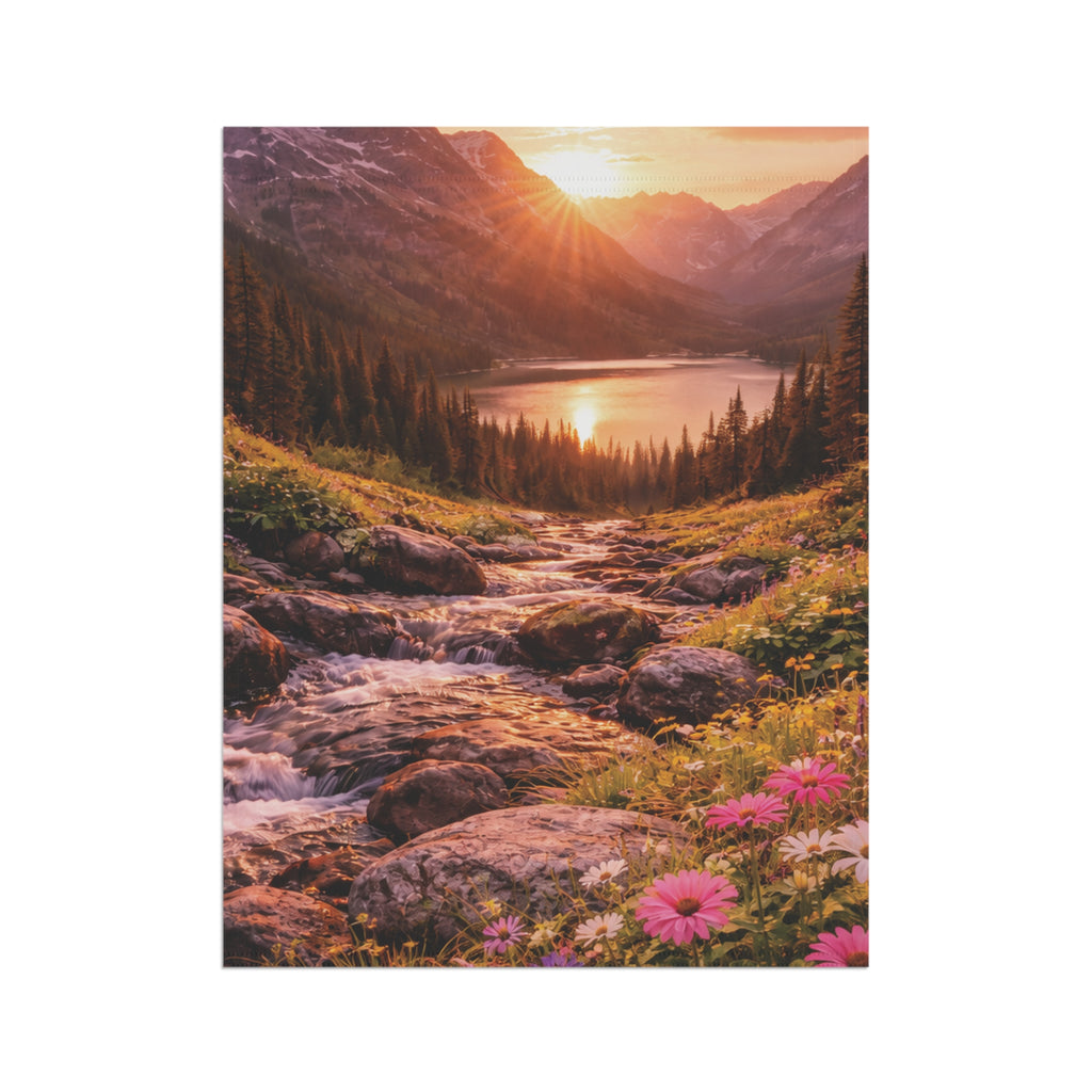 Sunset Mountain Lake with Wildflowers garden flag with nature-inspired artwork - product view 8