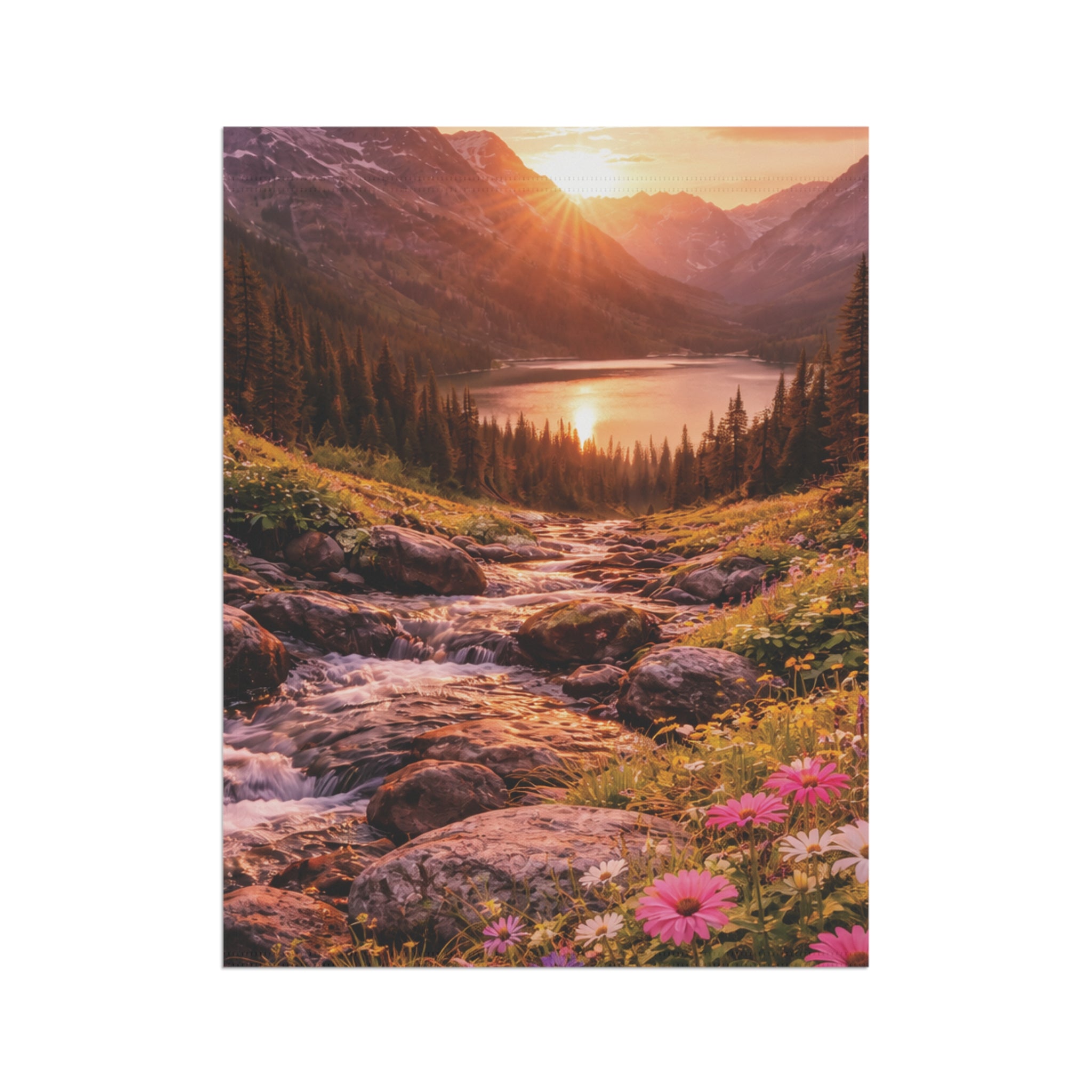 Sunset Mountain Lake with Wildflowers garden flag with nature-inspired artwork - product view 8