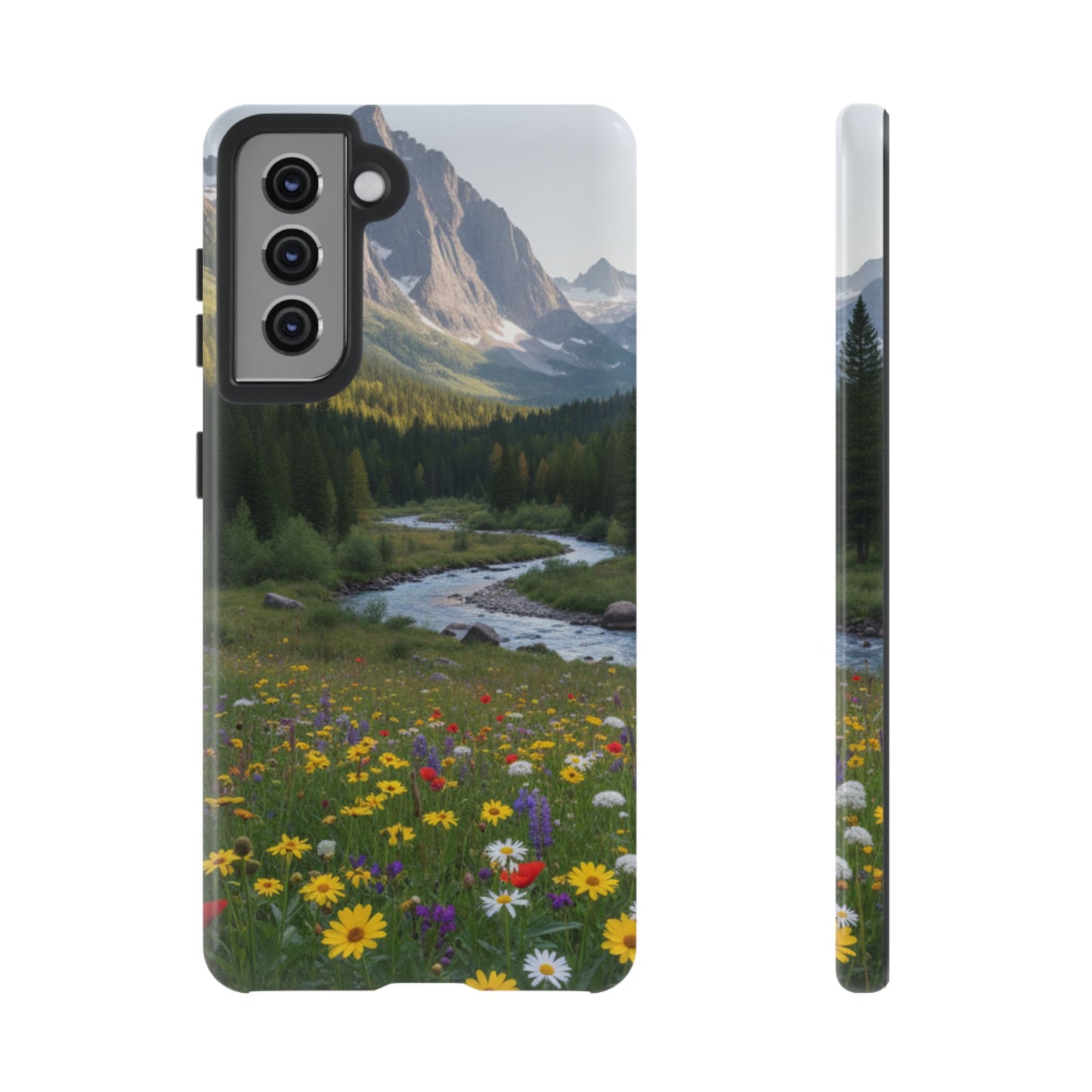 Mountain Meadow Phone Case — Vibrant Wildflowers, Stream & Mountain Design