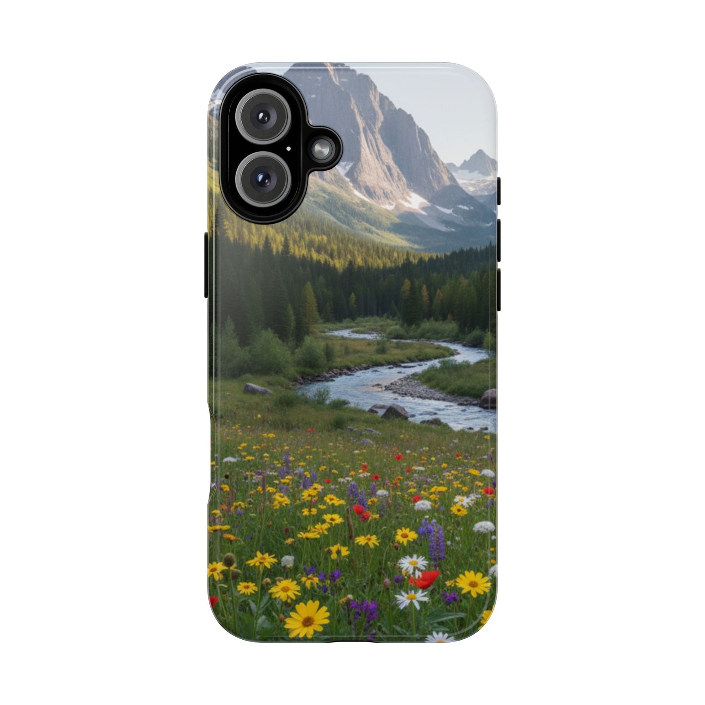 Mountain Meadow Phone Case — Vibrant Wildflowers, Stream & Mountain Design