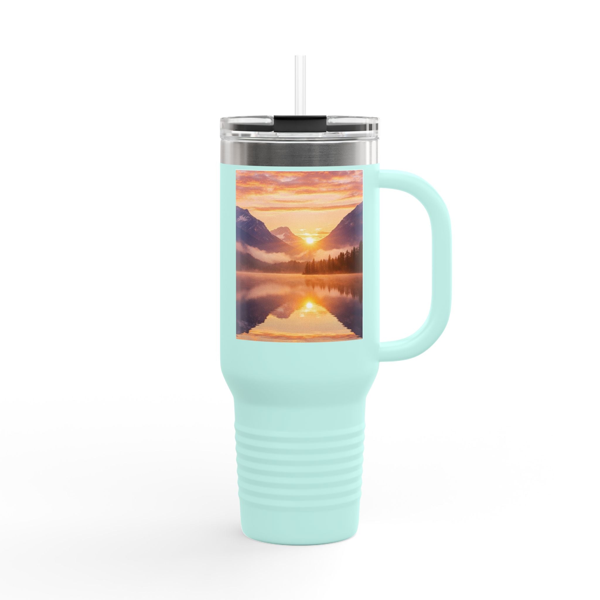 Turquoise tumbler with a mountain sunset design on a white background