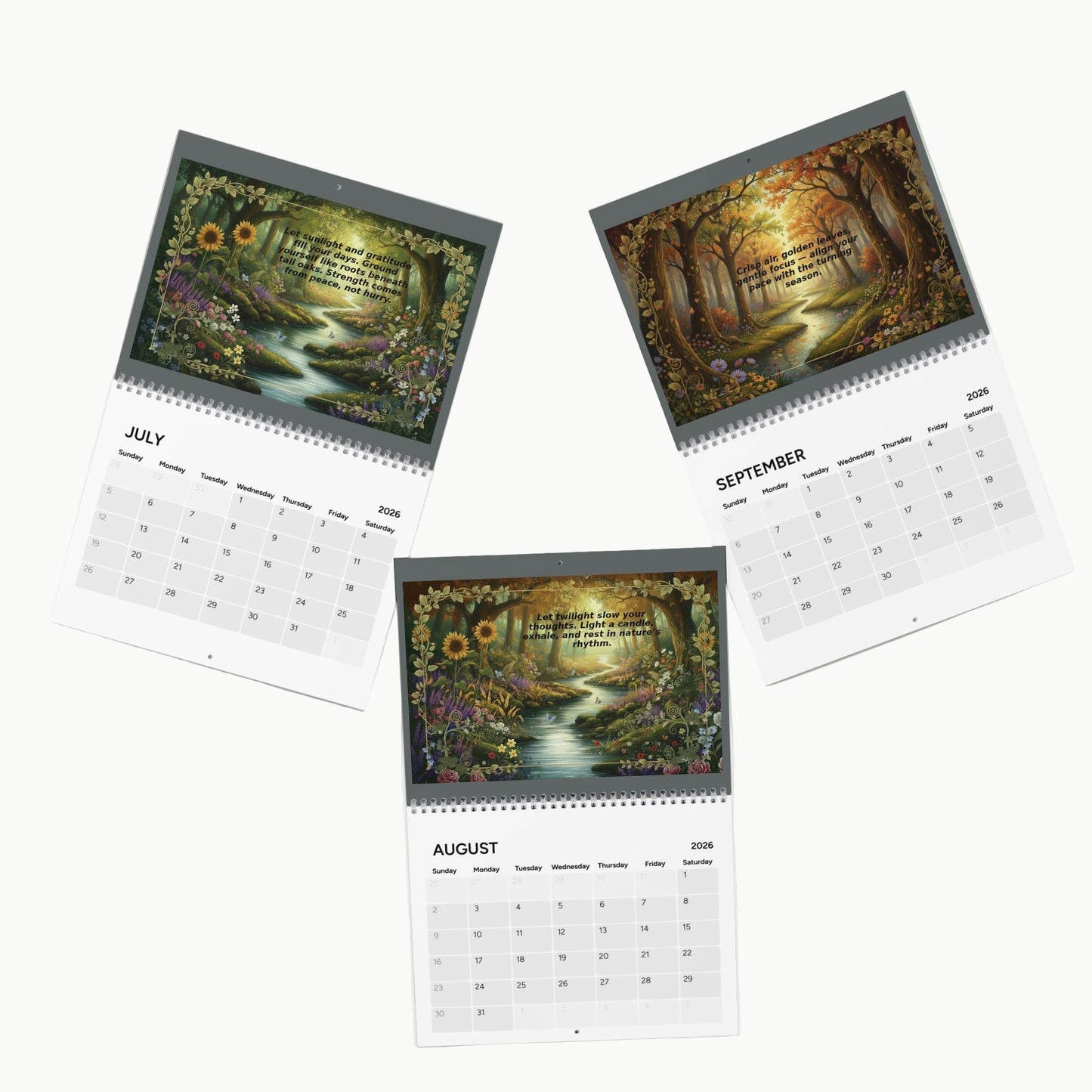 Three wall calendars showing July, August, and September with nature-themed covers.