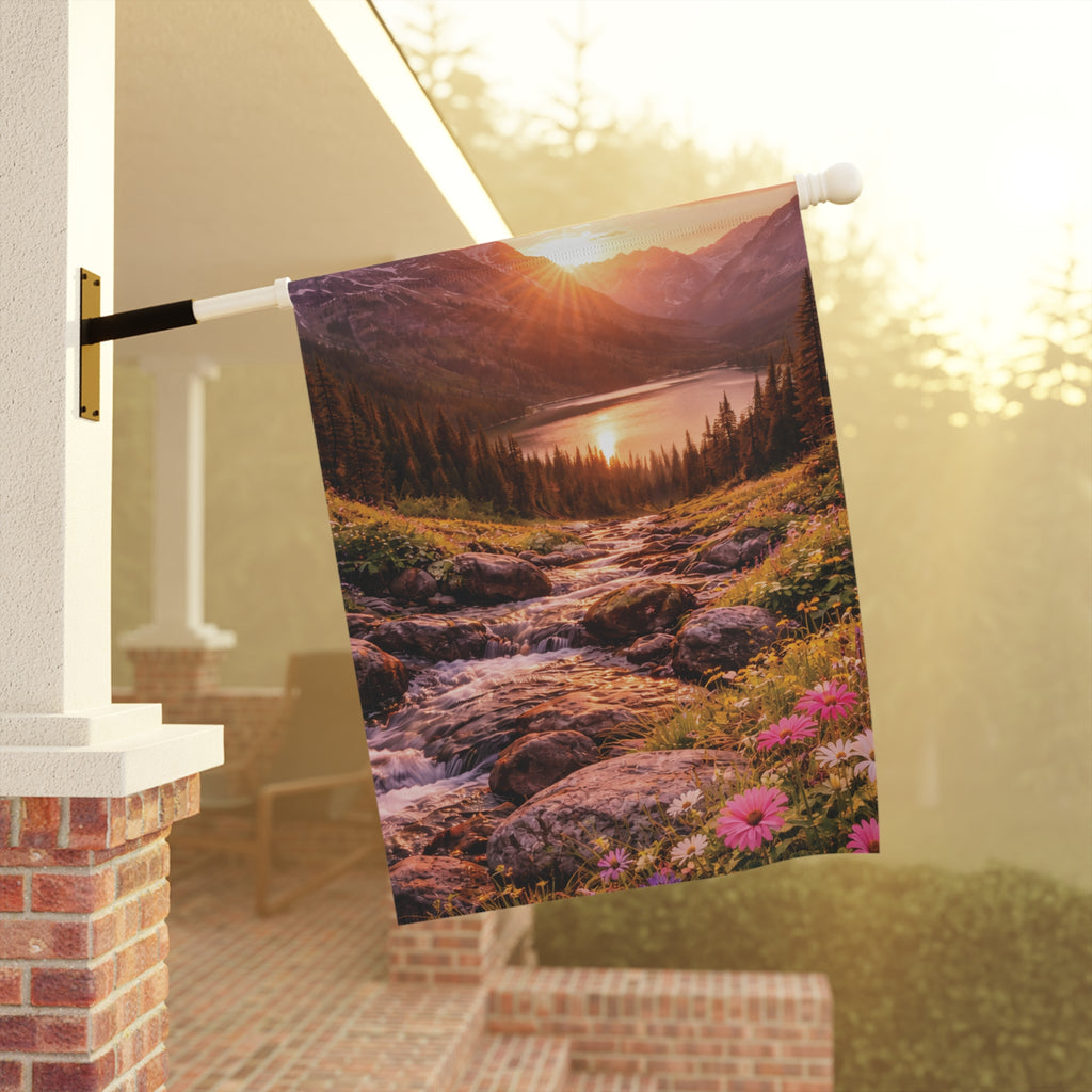 Sunset Mountain Lake with Wildflowers garden flag with nature-inspired artwork - product view 9