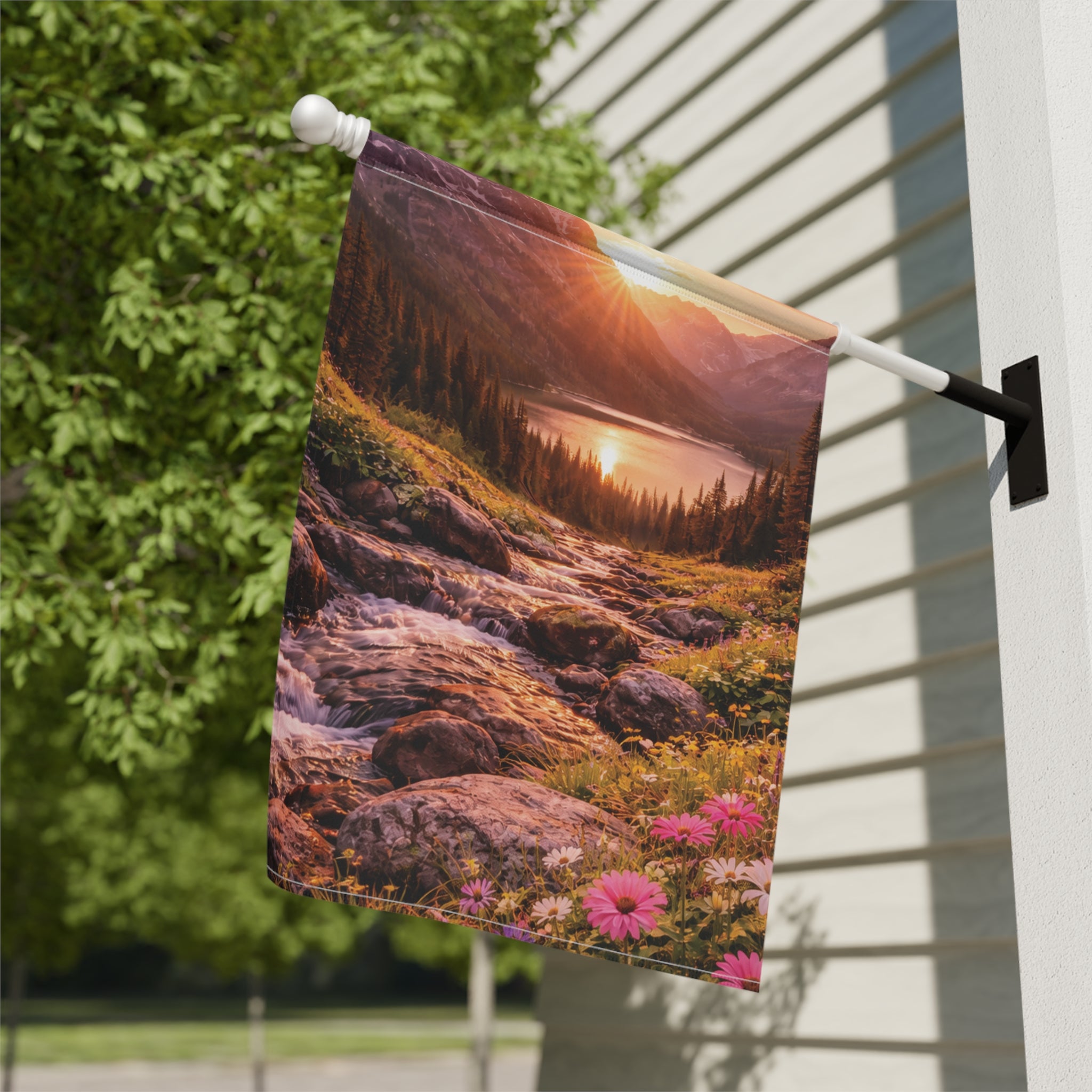 Sunset Mountain Lake with Wildflowers garden flag with nature-inspired artwork - product view 10