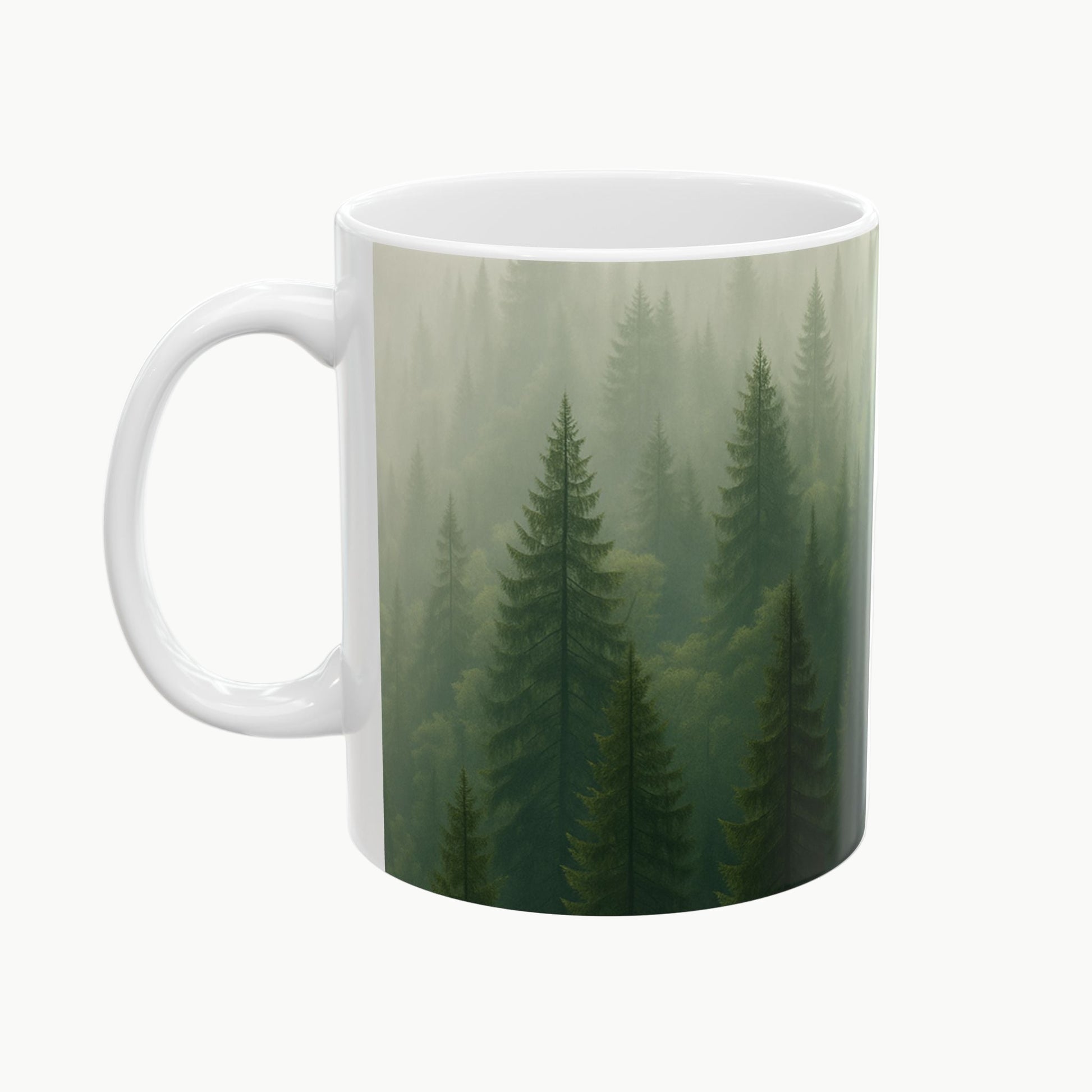 White mug with a forest design on a white background
