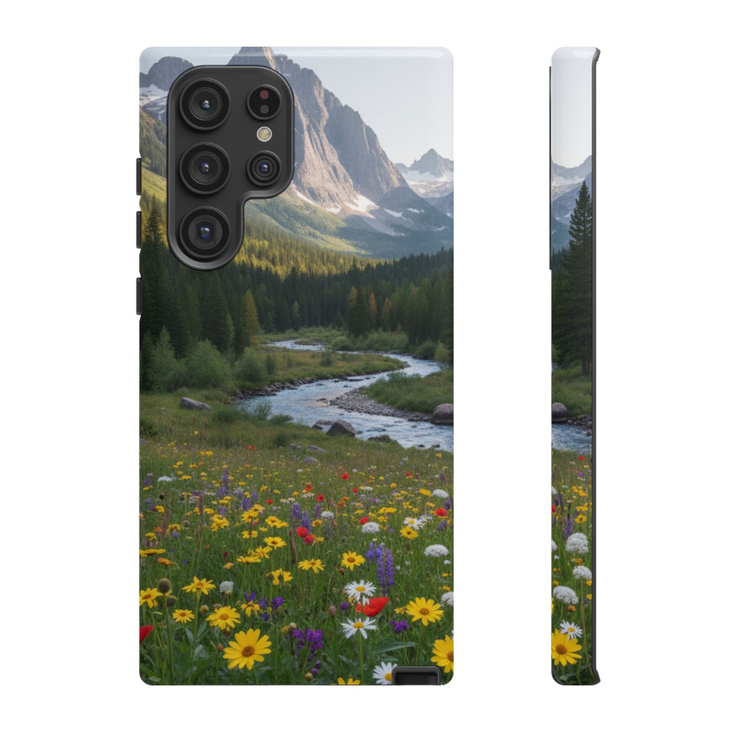 Mountain Meadow Phone Case — Vibrant Wildflowers, Stream & Mountain Design